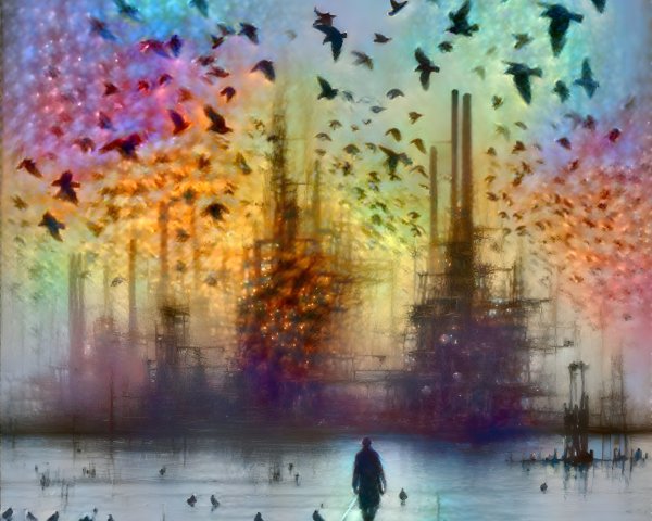 Solitary Figure in Water with Industrial Skyline View