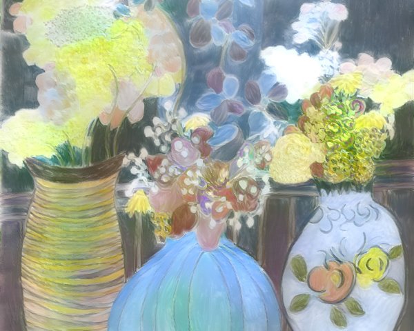 Three Vases with Colorful Flowers and Soft Hues