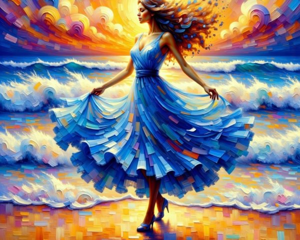 Dancer in Blue Dress at Water's Edge at Sunset