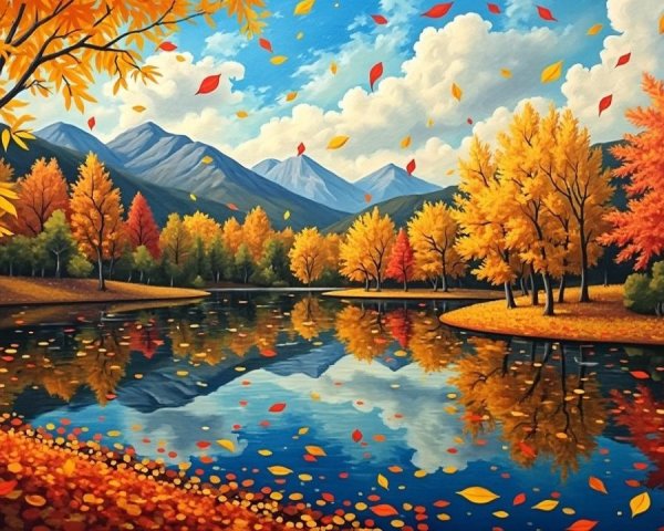 Vibrant Autumn Landscape with Mountains and Lake