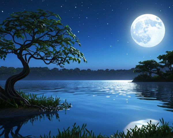 Serene Night Scene with Moonlit Lake and Trees