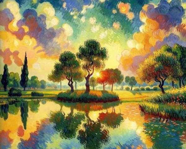 Tranquil Pond Surrounded by Lush Greenery at Sunset