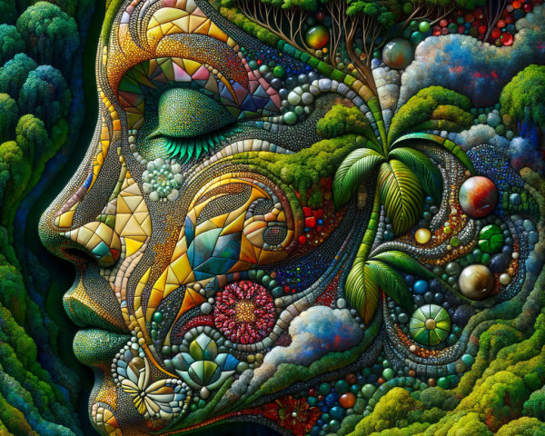 Surreal Face with Geometric Patterns in Green Landscape
