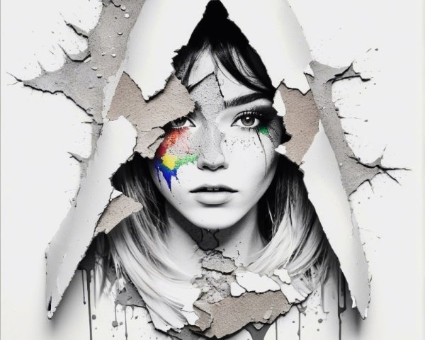 Portrait of Young Woman with Colorful Paint Streaks