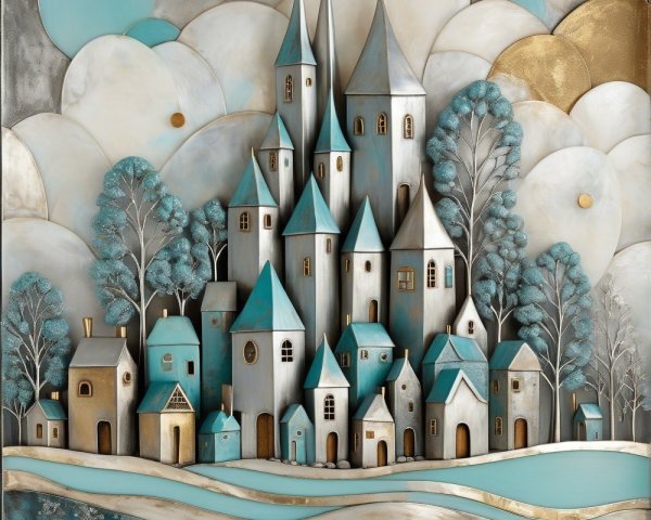 Whimsical Castle with Blue and Silver Landscape