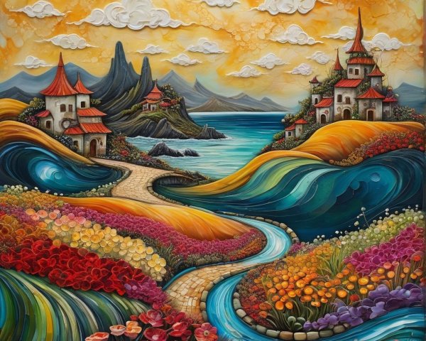 Vibrant Landscape with Flowers, River, and Mountains