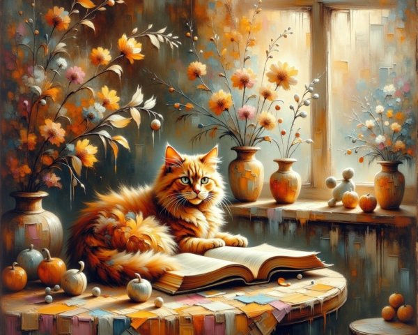Fluffy Orange Cat on Open Book with Flower Vases