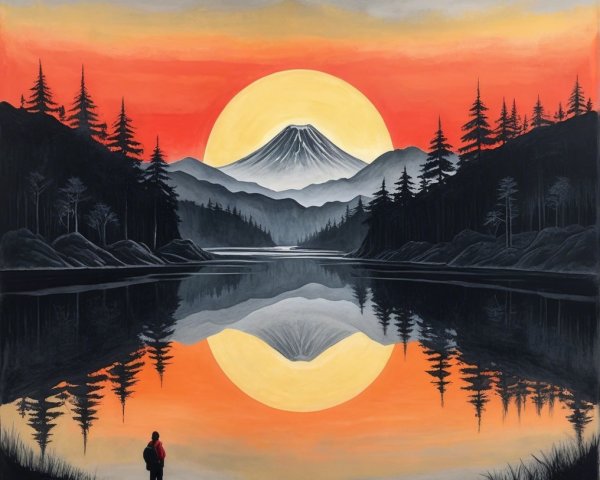 Tranquil Lake Landscape with Sunset and Mountains