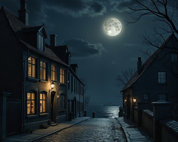 Moonlit Cobblestone Street with Cozy House Lights