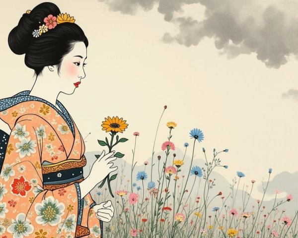 Woman in Colorful Kimono in Wildflower Field