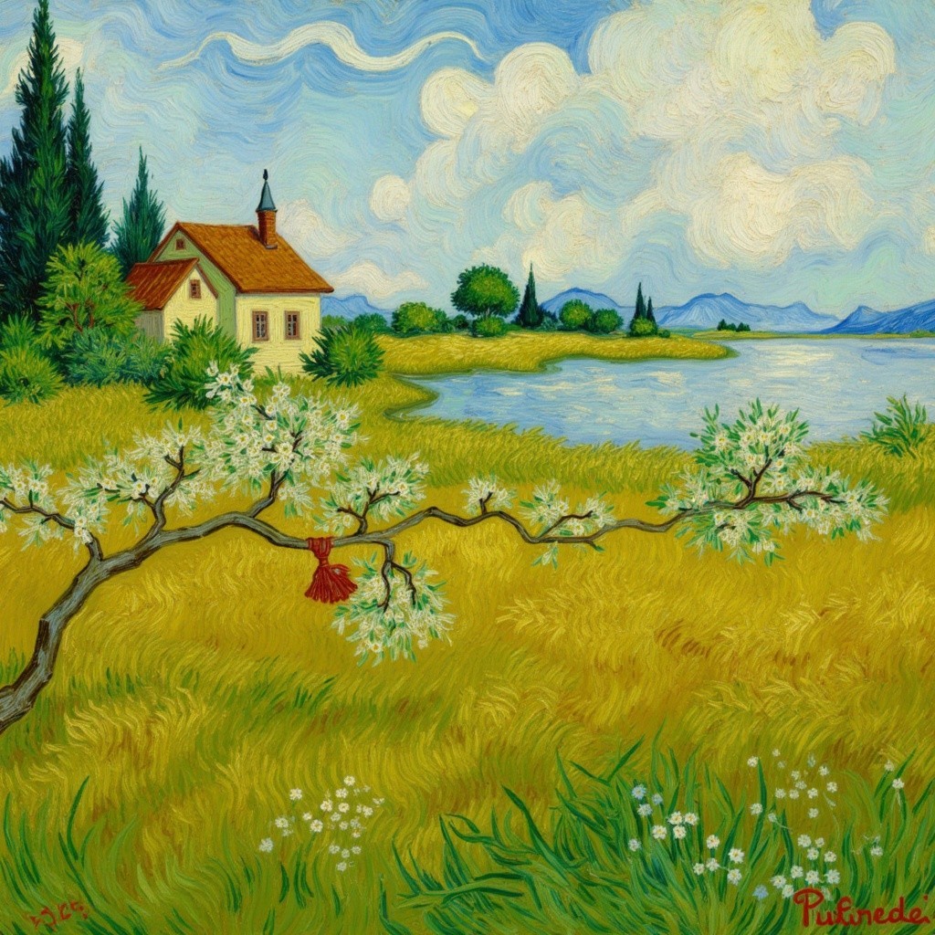 Serene Landscape with House by Shimmering Lake