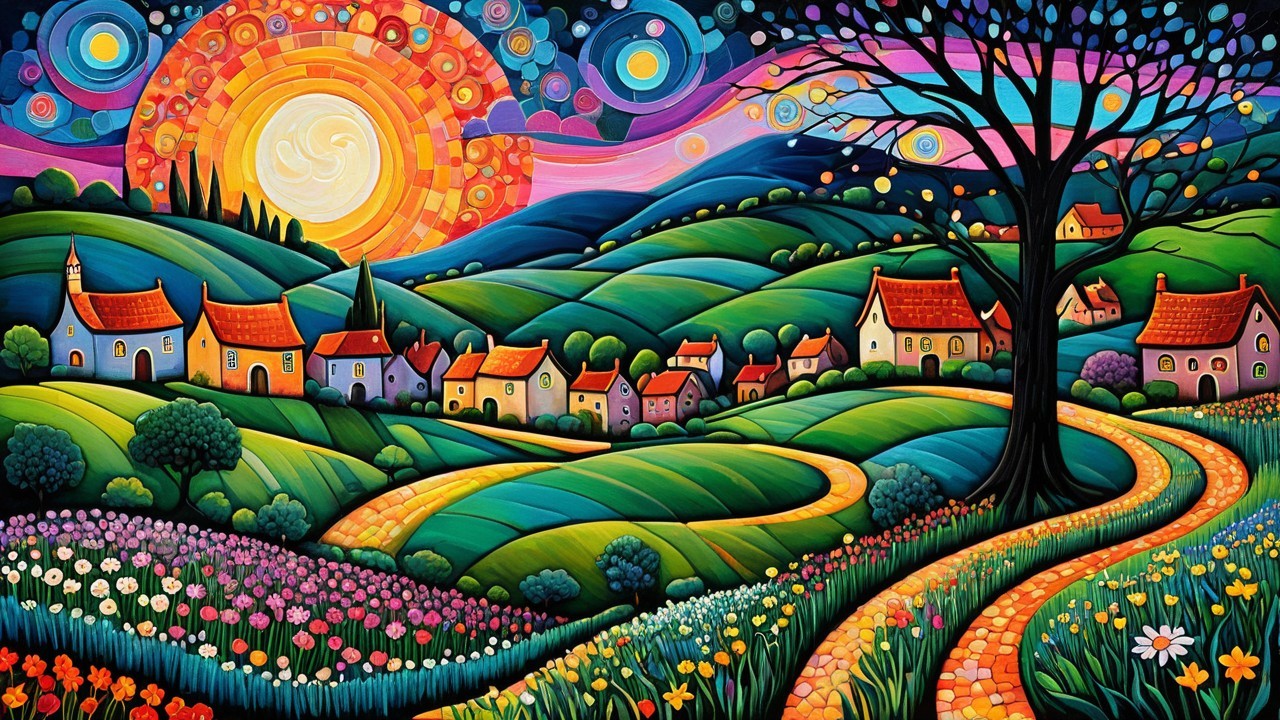 Vibrant Landscape with Colorful Sunset and Cottages