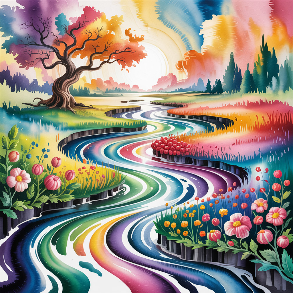 Vibrant landscape with rainbow river and autumn tree