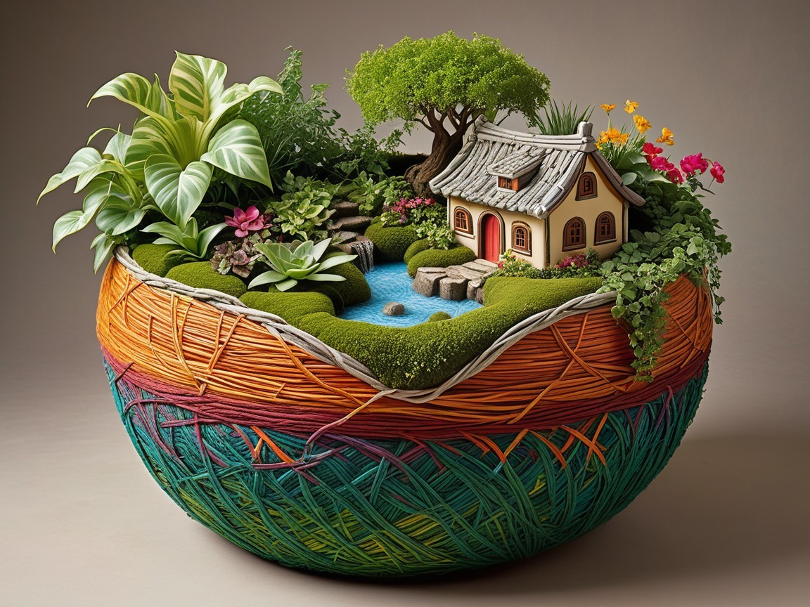 Oversized Bowl with Miniature Garden Scene and Cottage