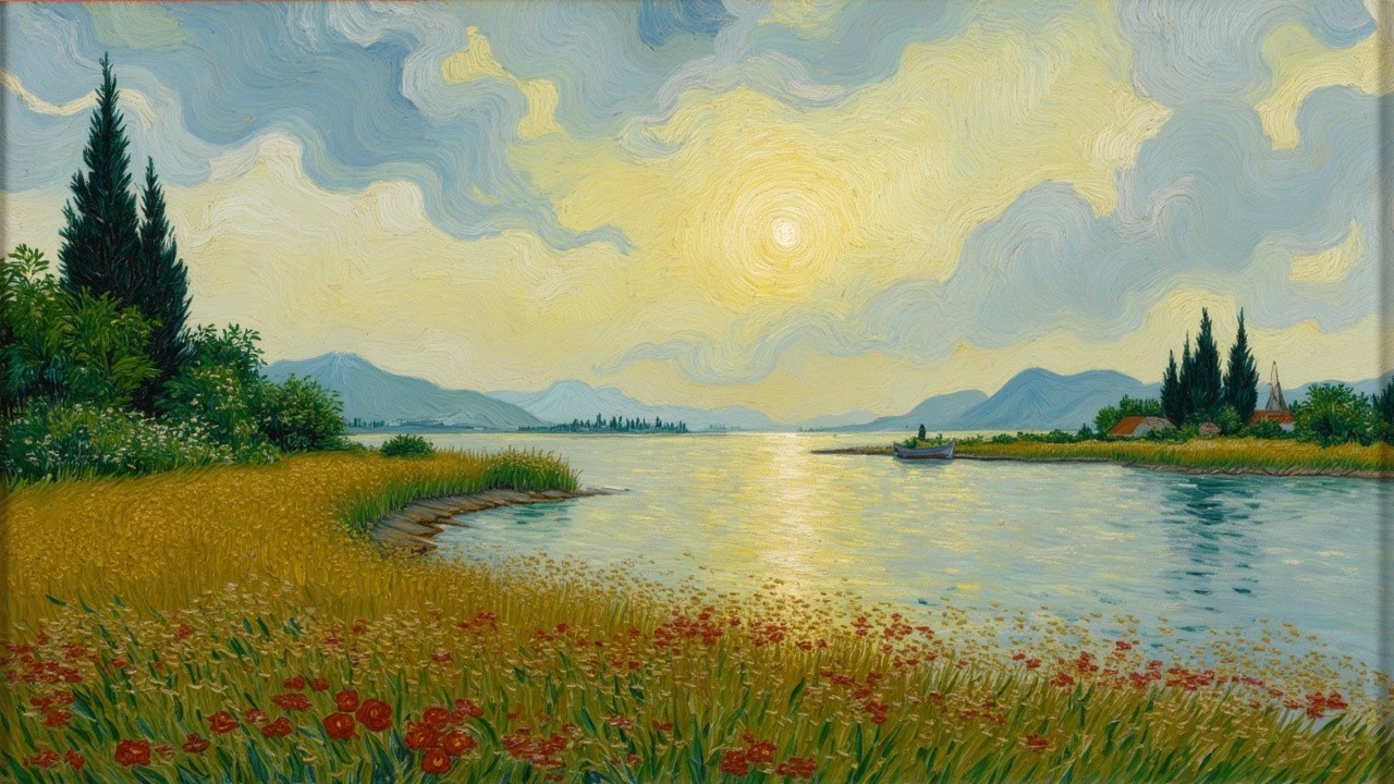 Serene Landscape with River and Wildflower Fields