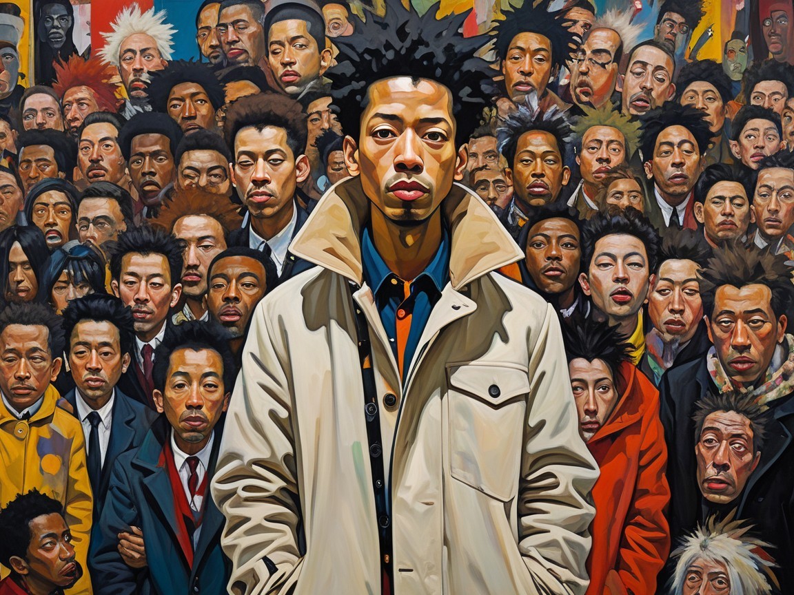 Central figure in beige coat among diverse crowd