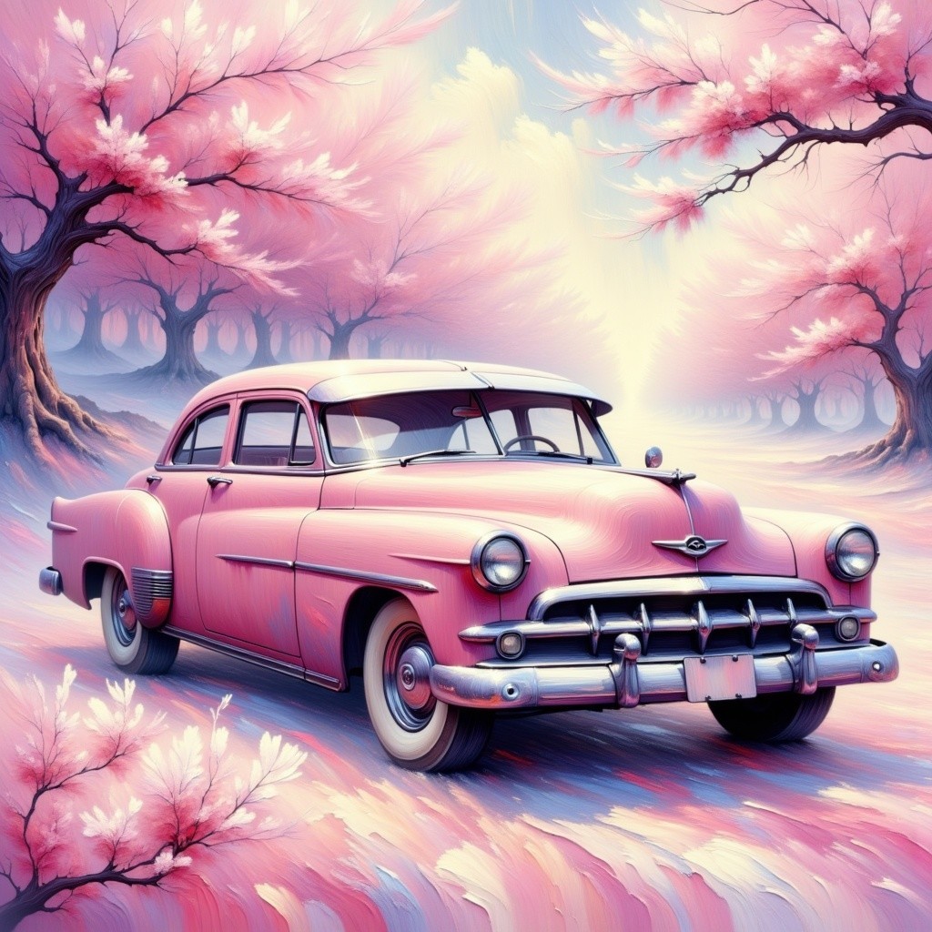 Vintage Pink Car Amid Cherry Blossom Pathway