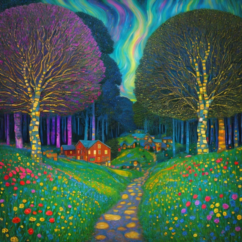 Winding Stone Path Through a Vibrant Village Landscape