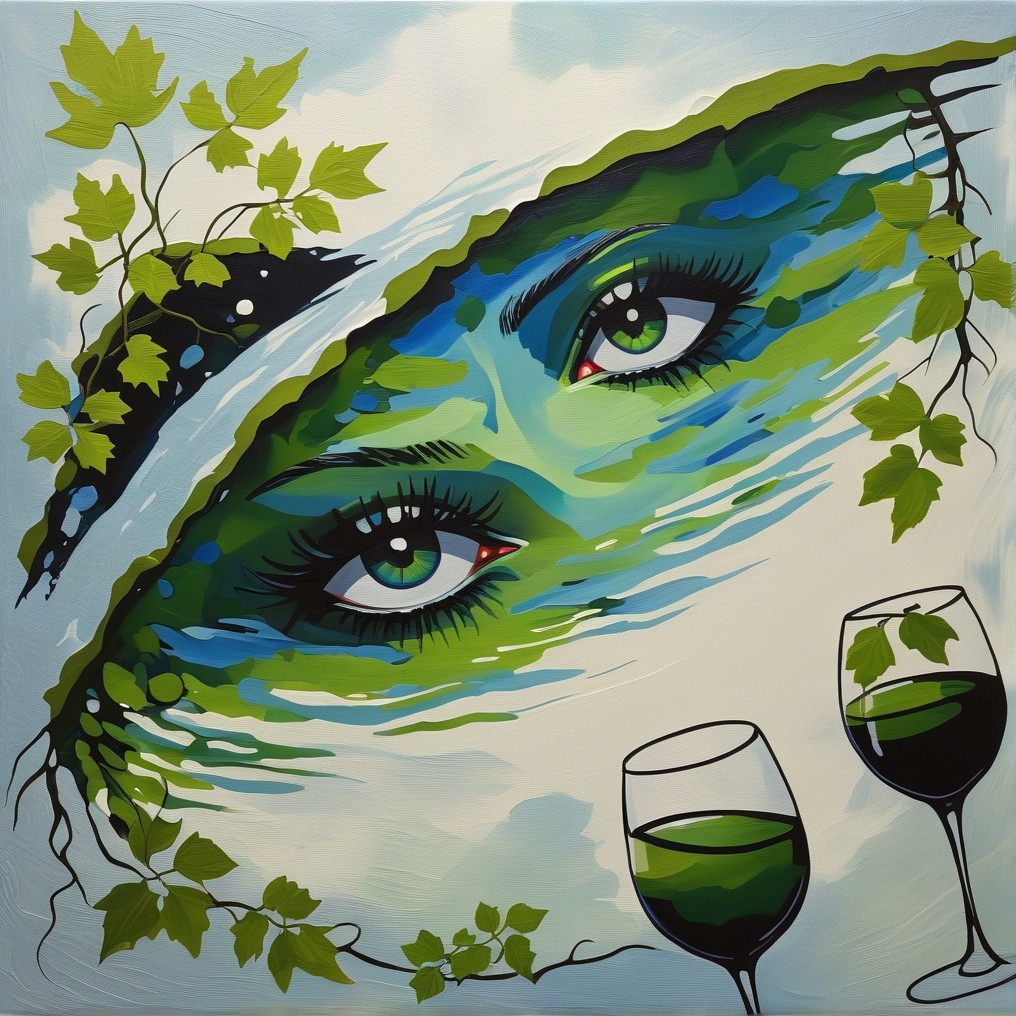 Vibrant Artwork with Green Eyes and Nature Elements