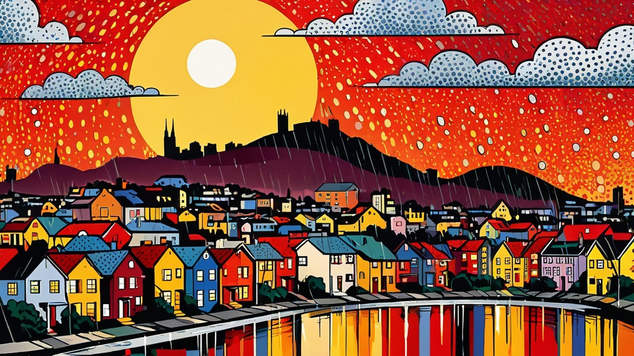 Colorful Town by River Under Dramatic Sunset