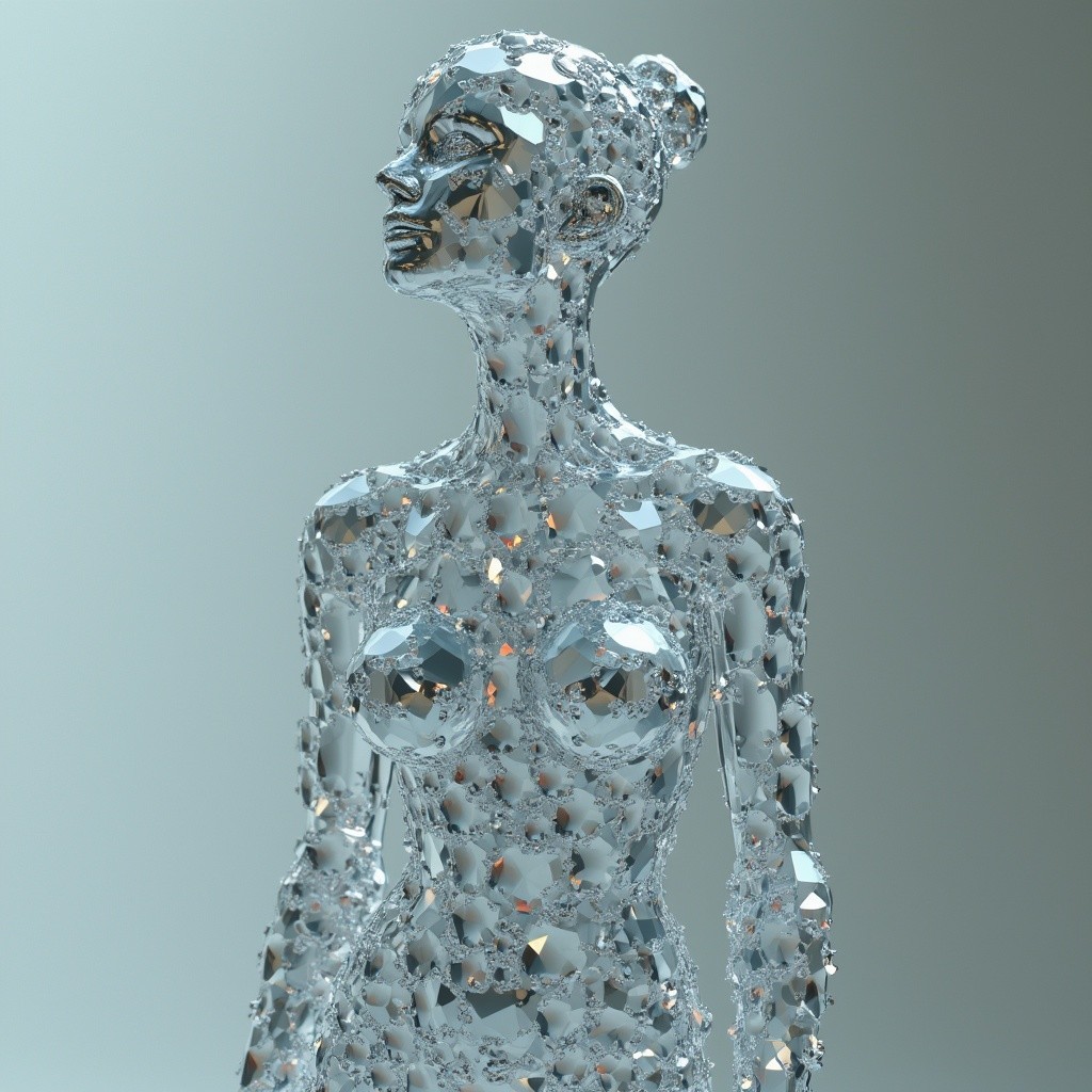 Stylized Reflective Humanoid Figure with Crystalline Facets