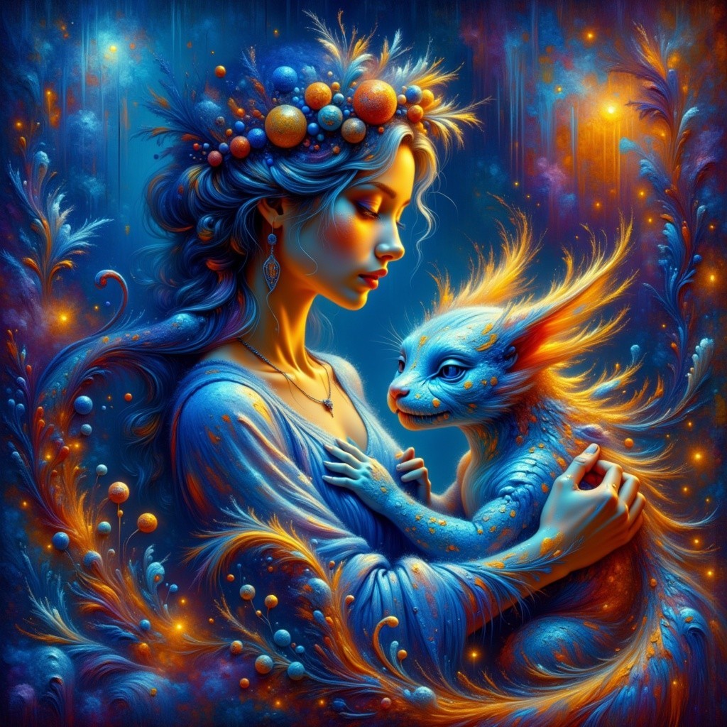 Mystical Scene of Woman and Fiery Creature Embracing
