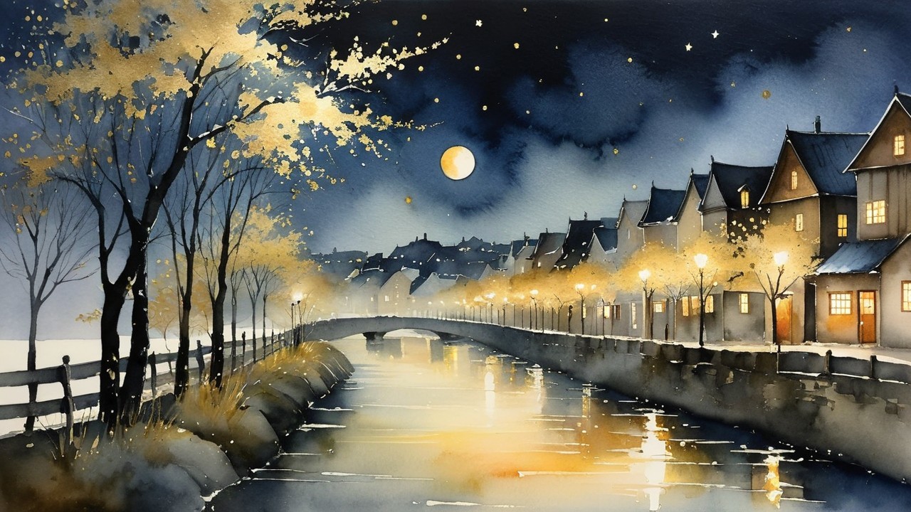 Serene Nighttime Canal Scene with Moonlit Sky