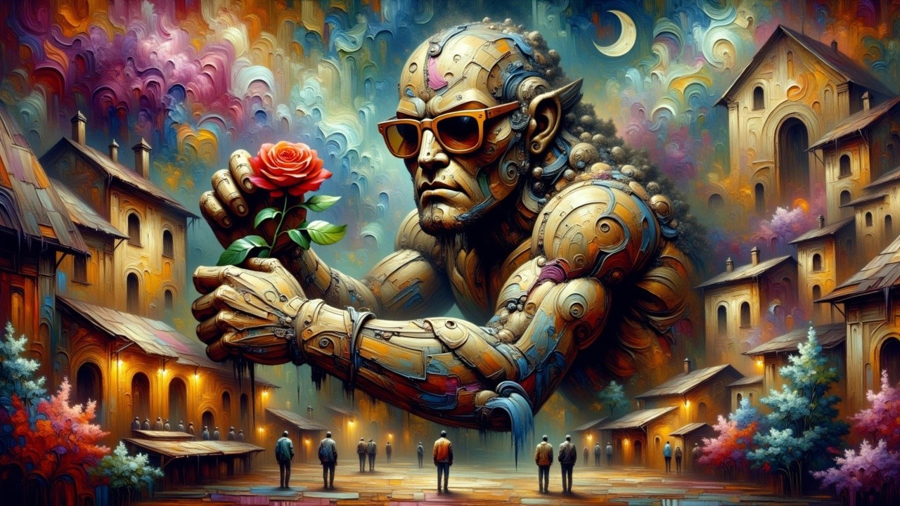 Robotic Figure with Rose in Surreal Landscape