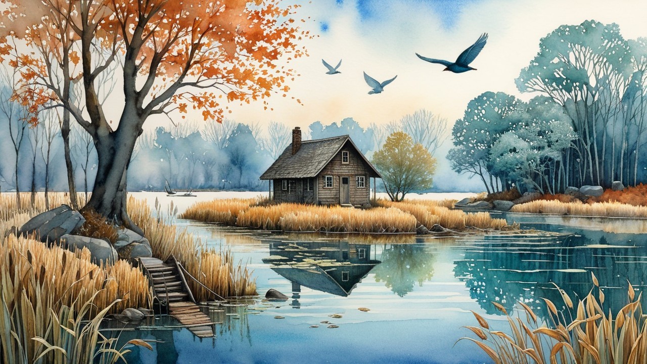 Cozy Cabin by Tranquil Lake in Autumn Landscape