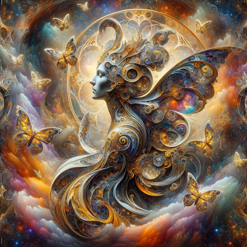 Ethereal Figure Surrounded by Cosmic Butterflies and Galaxies