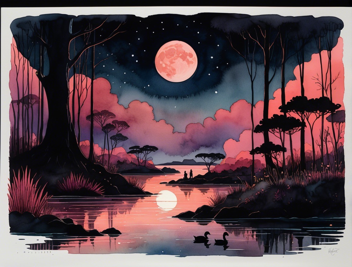 Twilight Landscape with River and Full Moon Reflection