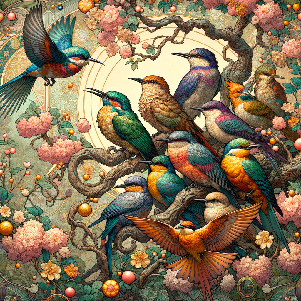 Colorful Birds on Branch with Pink Blossoms Illustration