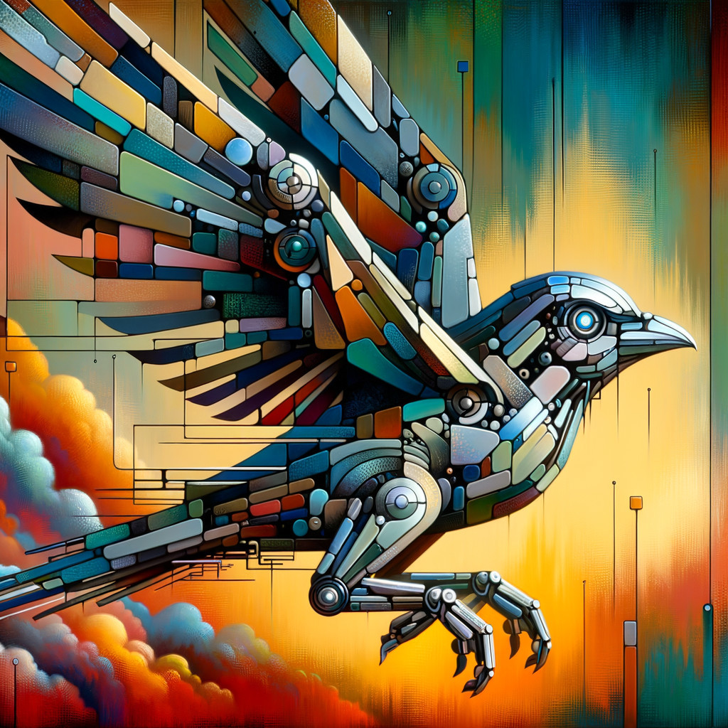 Vibrant Metallic Bird with Geometric Shapes and Clouds