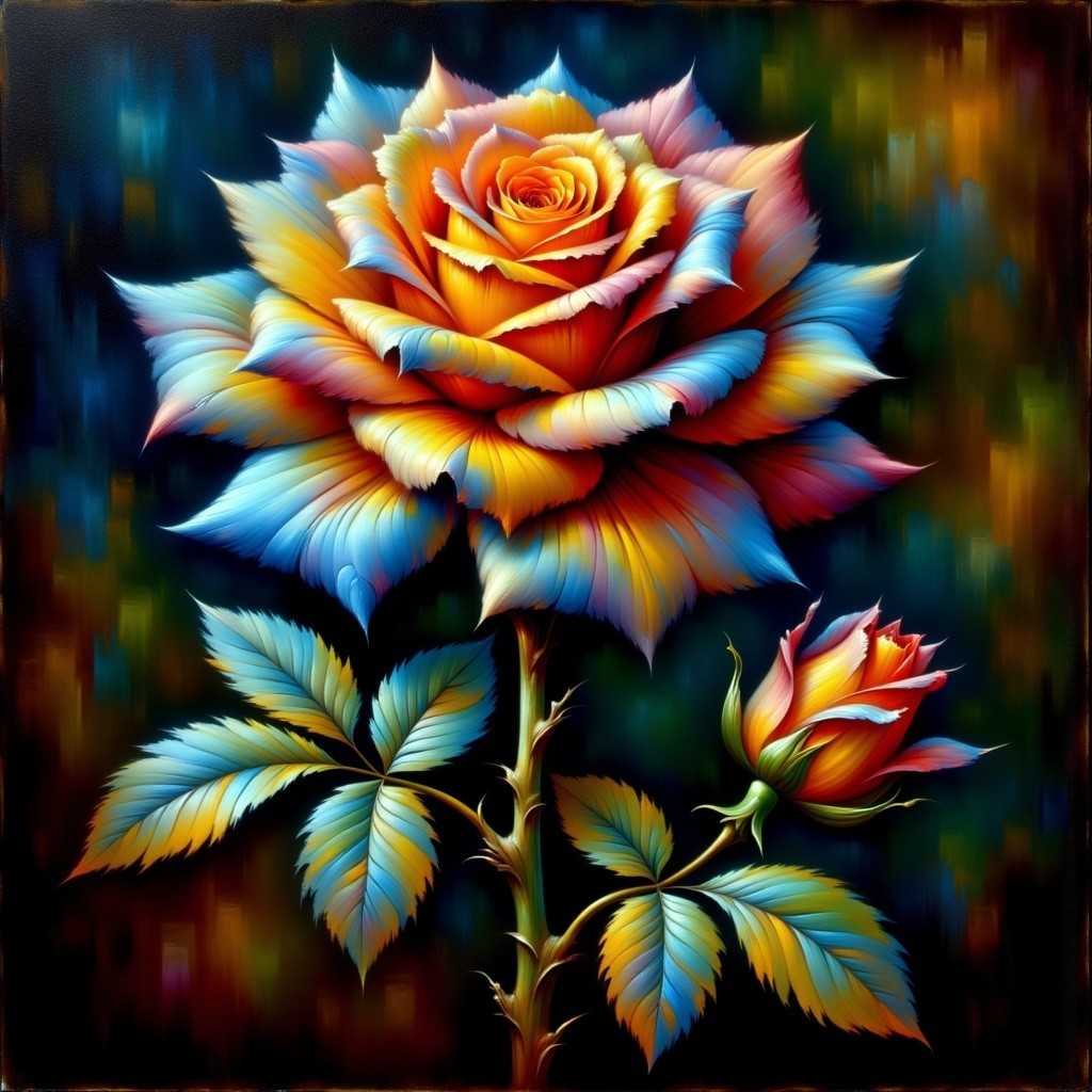 Multicolored rose with intricate petals and green leaves