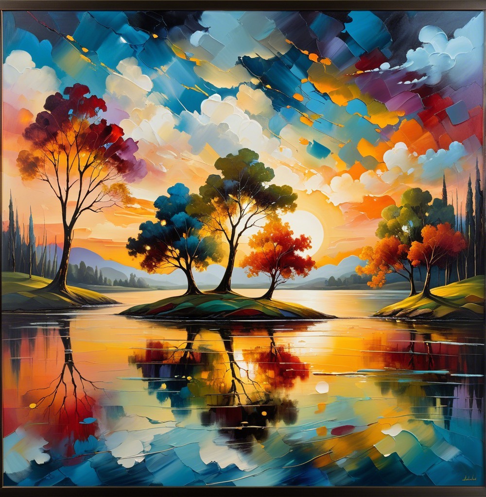 Vibrant Sunset Over a Tranquil Lake Landscape