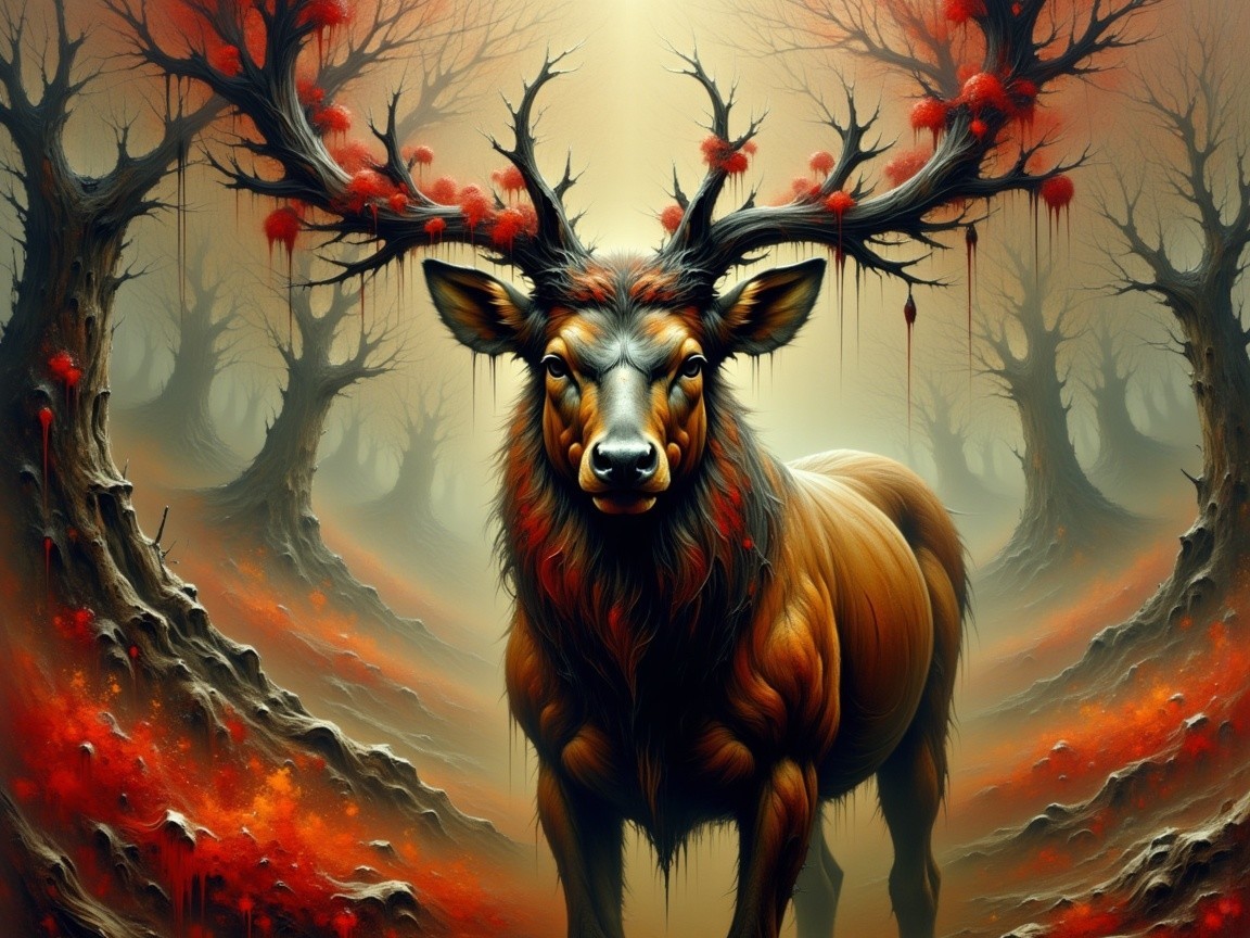 Majestic Stag in a Surreal Misty Forest Scene