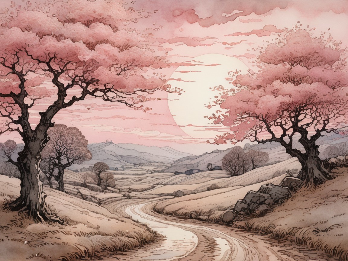 Serene Landscape with Cherry Blossoms at Sunset