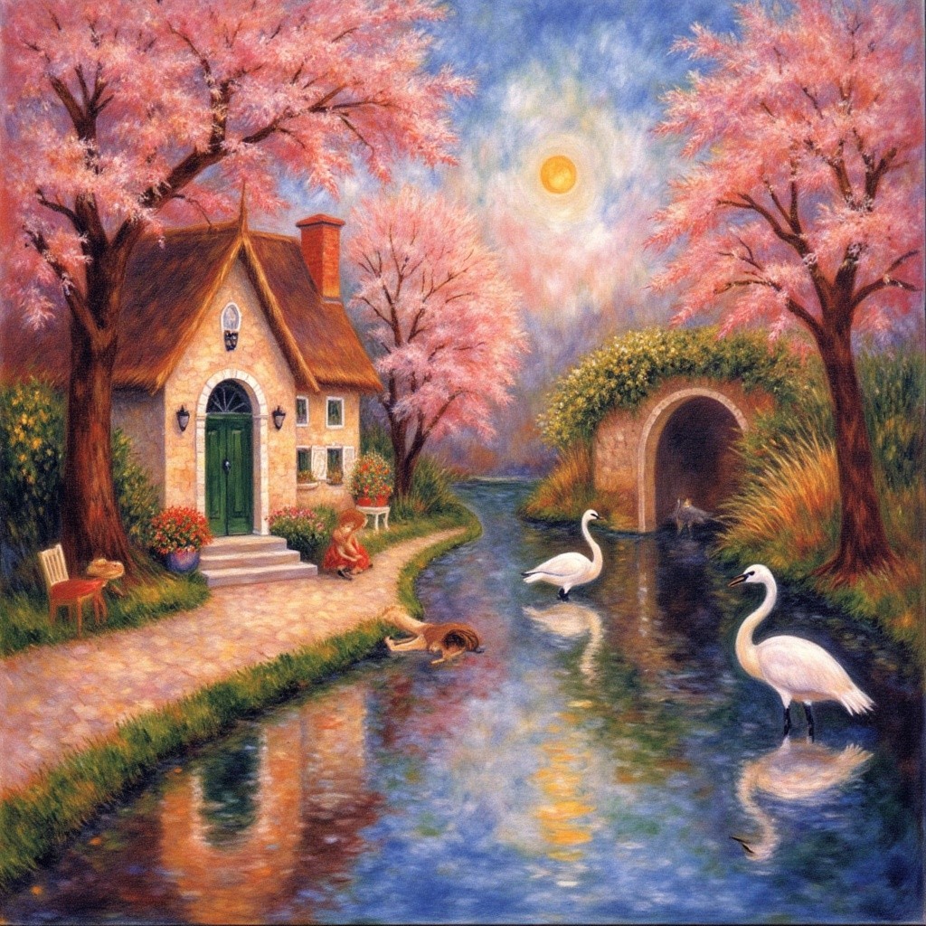 Cottage by Cherry Blossoms and Serene River Scene