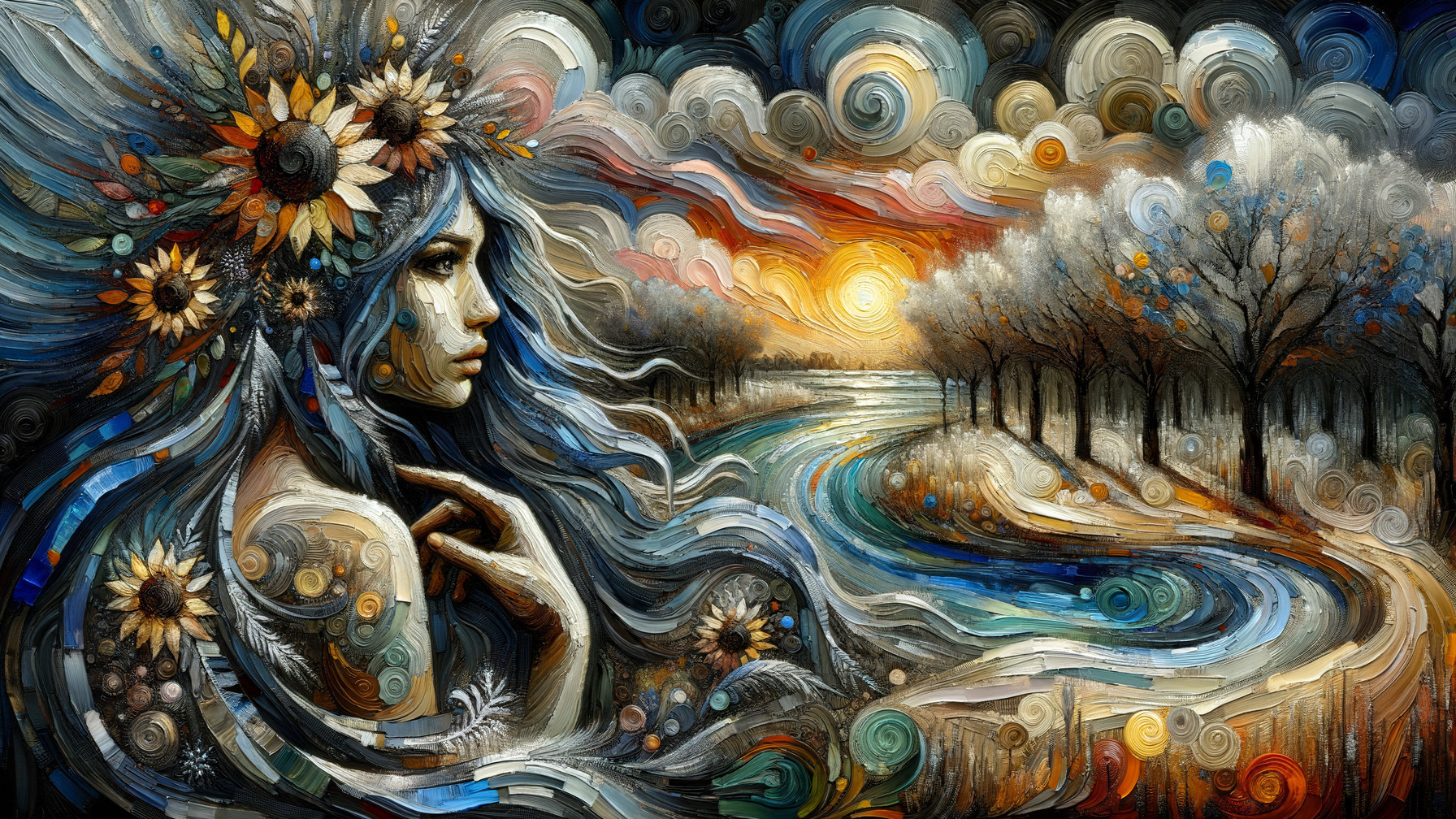 Colorful Landscape with River and Ethereal Figure
