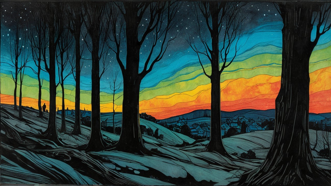 Twilight Landscape with Silhouetted Trees and Sunset
