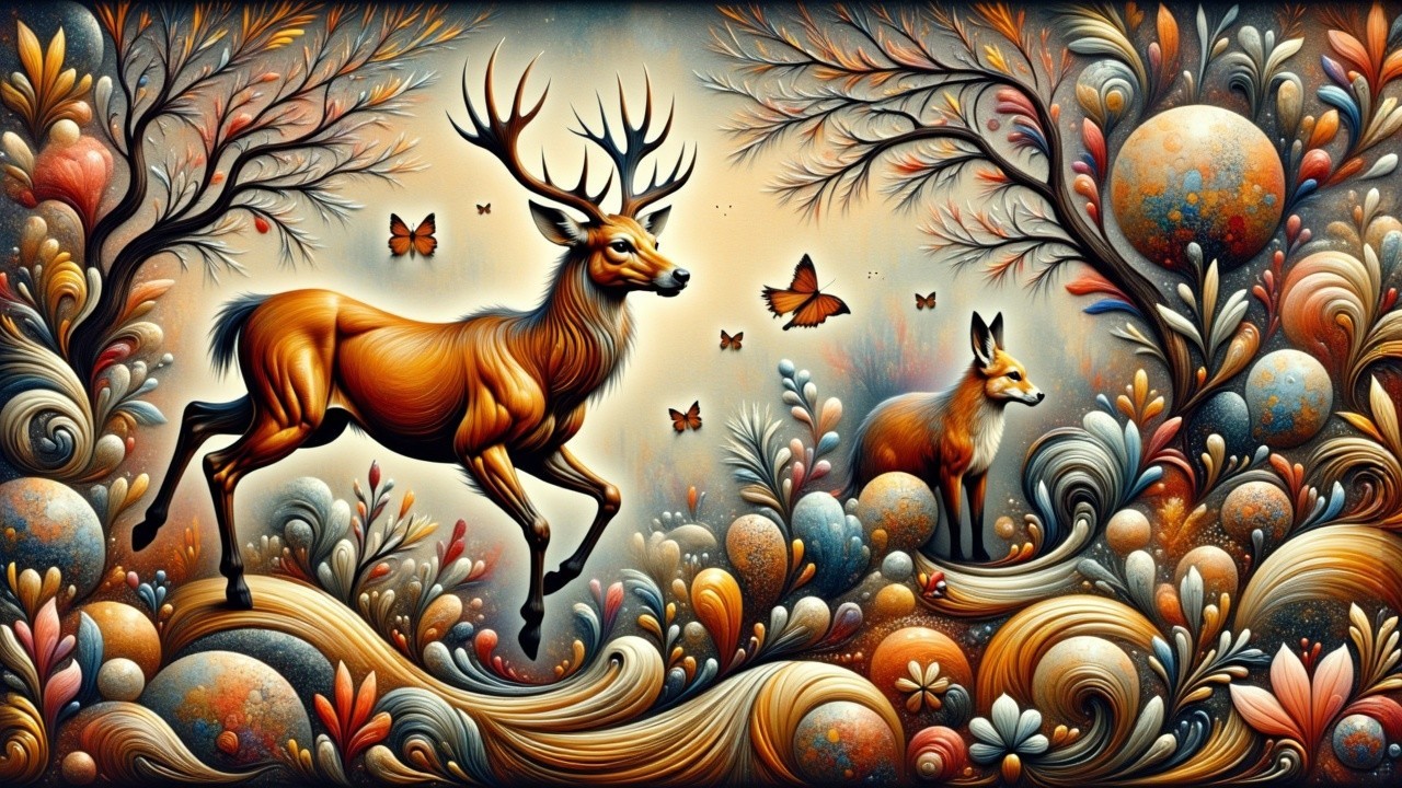Majestic Deer and Playful Fox in Colorful Foliage