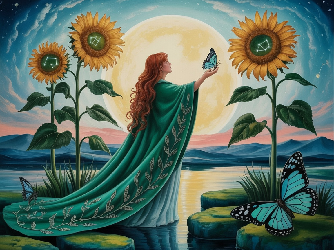 Woman in Green Cloak by Moonlit Lake with Butterflies