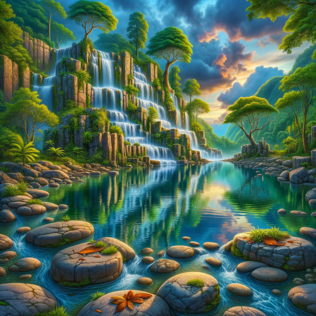 Cascading Waterfalls in a Lush Sunset Landscape