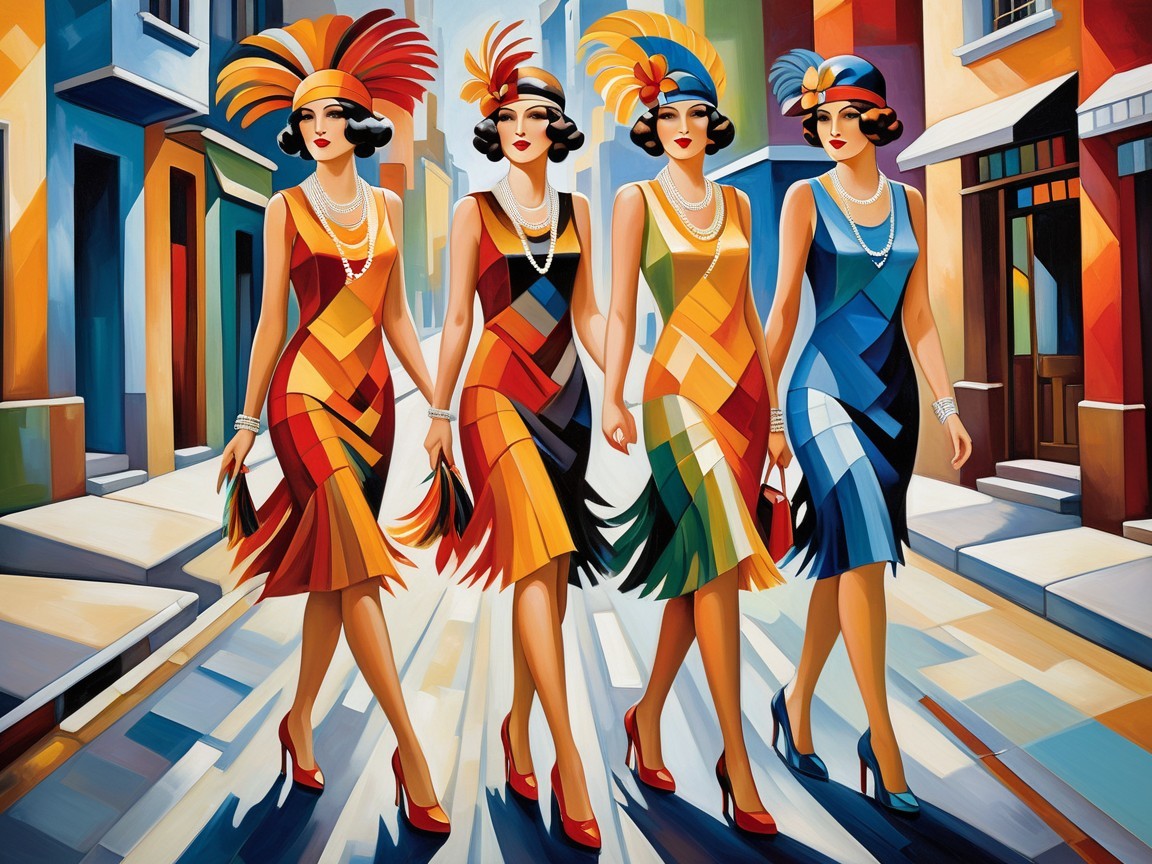 Elegant Women in Colorful Flapper Dresses on Cobblestone Street