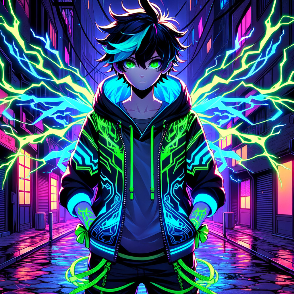 Stylized Character in Neon Alley with Futuristic Hoodie