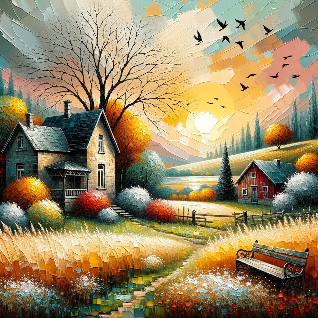 Autumn Landscape with House and Rustic Barn