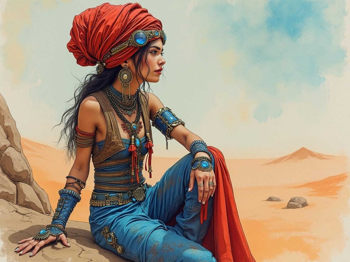 Woman in Vibrant Attire Against Desert Landscape