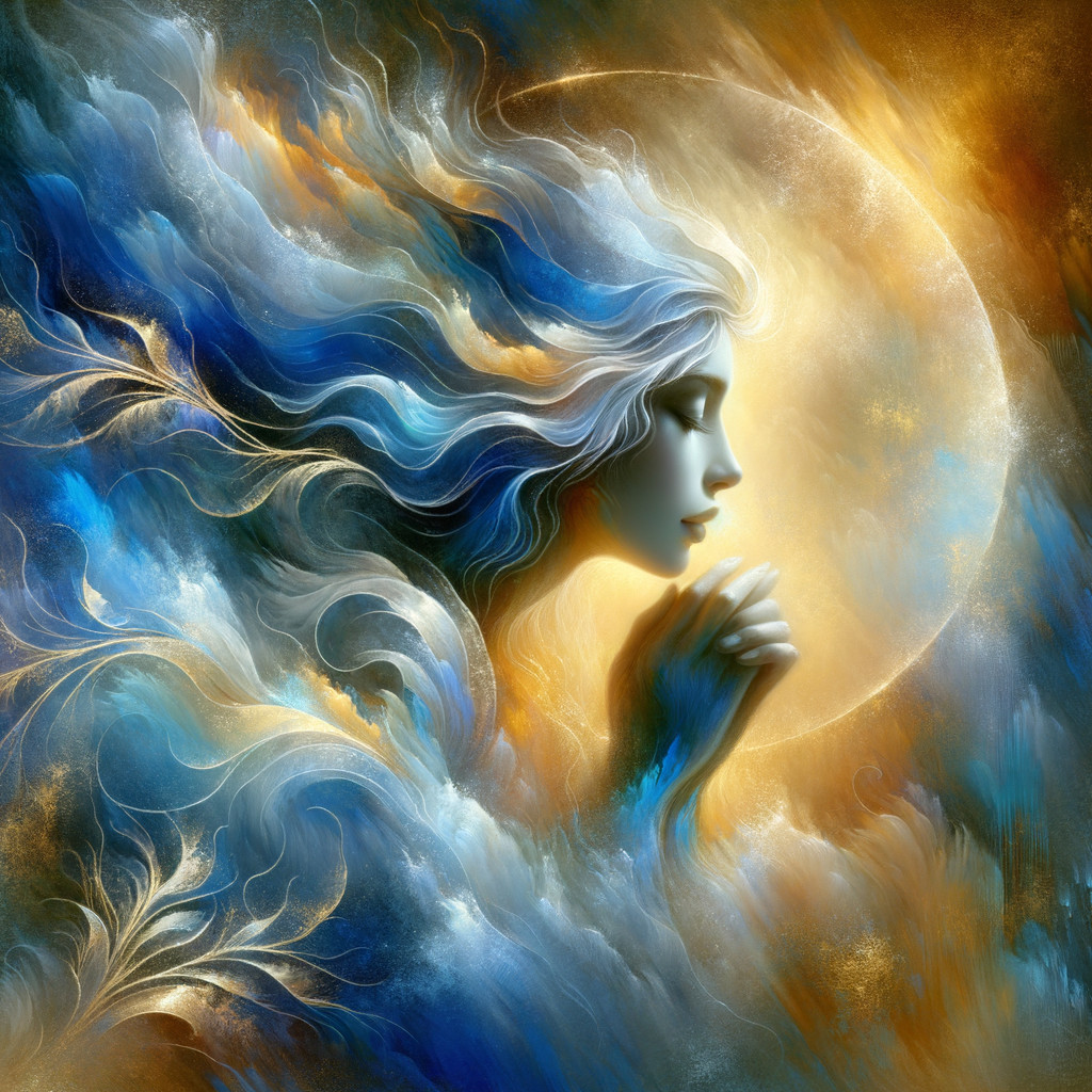 Ethereal Figure with Crescent Moon and Clouds