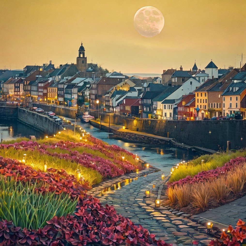 Serene Riverside Scene with Colorful Houses at Dusk