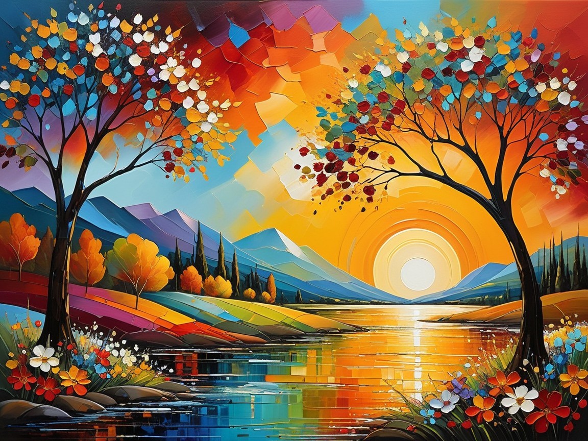 Vibrant landscape with trees, river, and sunset colors